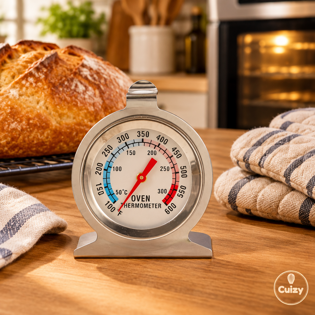 Thermomètre de four à côté d'un pain doré et de gants de cuisine