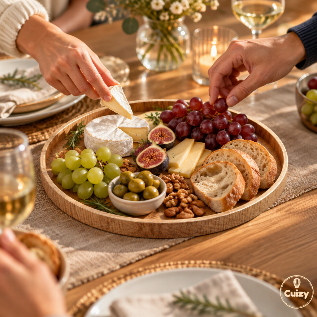 Assiette en bois garnie de fromages, fruits et pain sur une table dressée