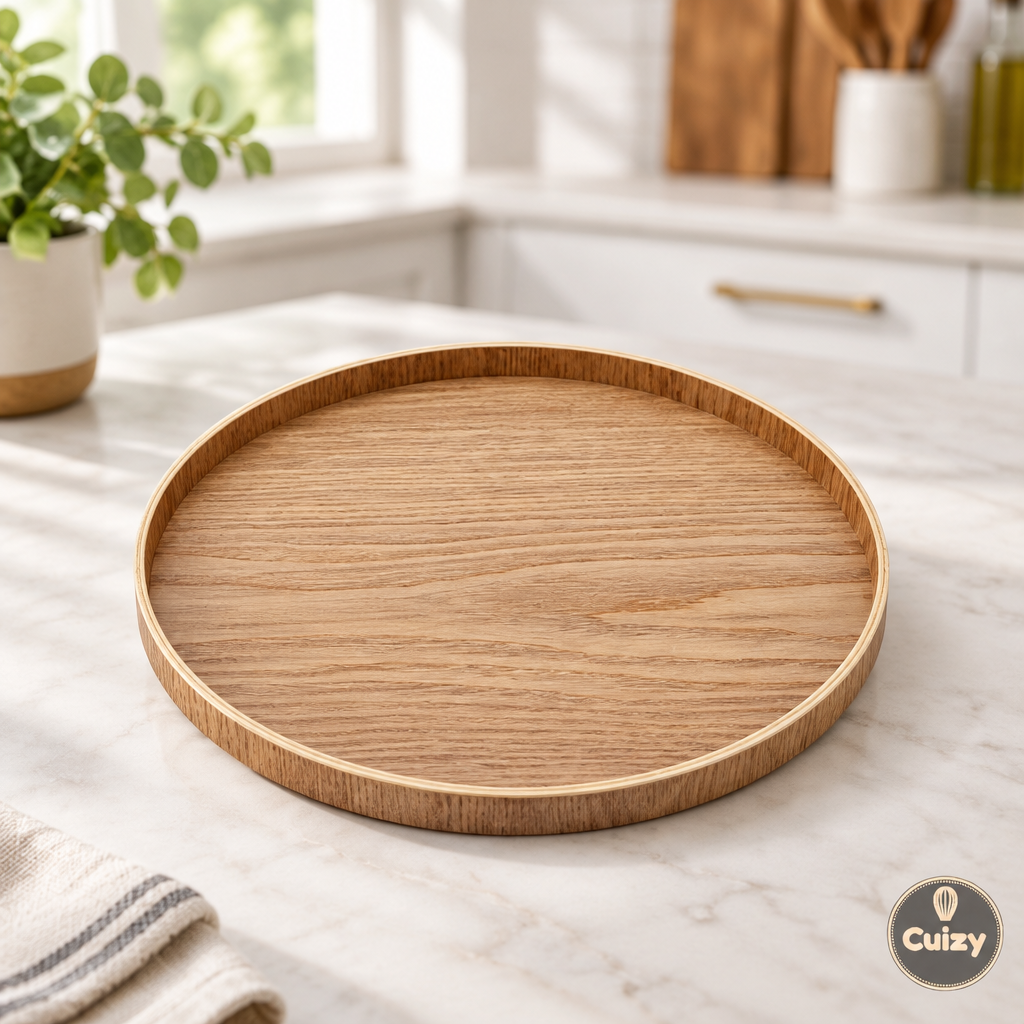 Assiette de service ronde en bois Cuizy Plate sur plan de travail