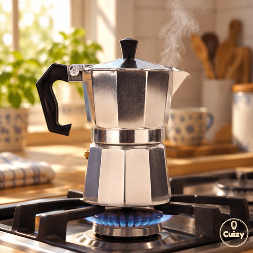 Cafetière italienne sur une cuisinière à gaz pendant l'infusion du café