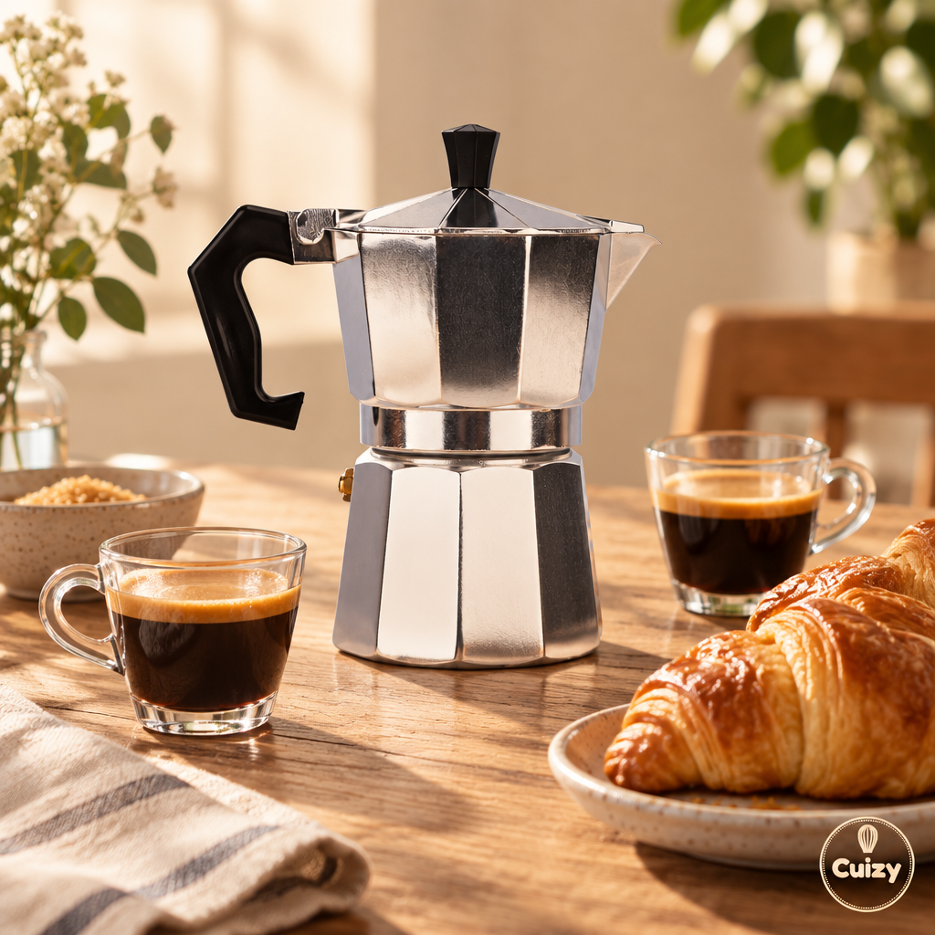 Cafetière italienne sur une table de petit-déjeuner avec tasses et croissants