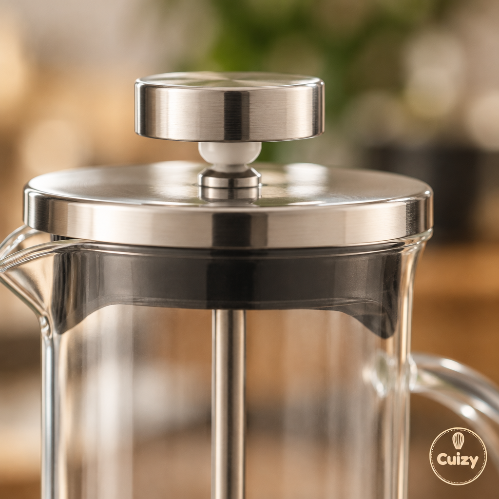 Gros plan sur le piston et le verre de la cafetière