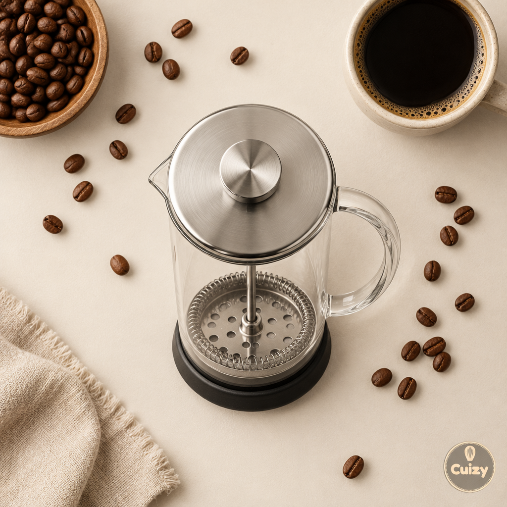 Vue du dessus de la cafetière à piston avec grains de café