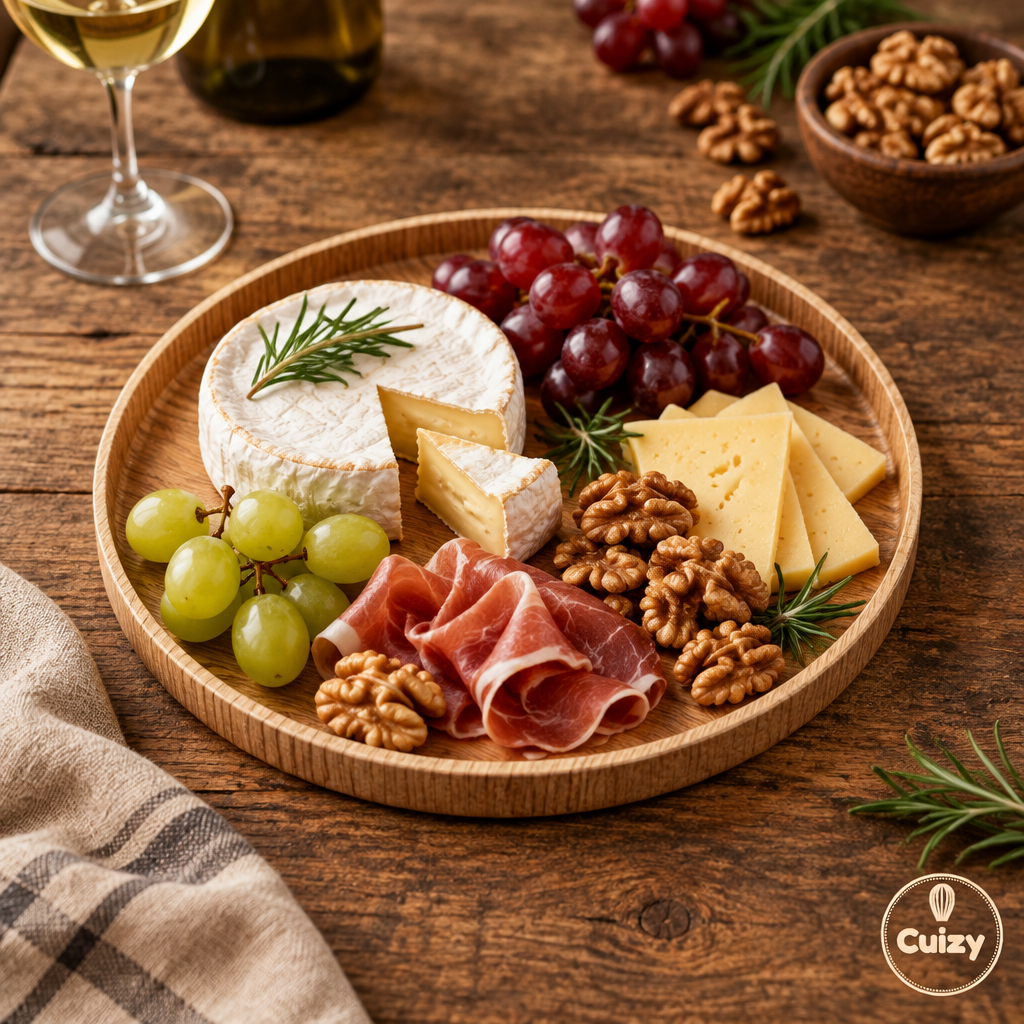 Assiette en bois avec planche de charcuterie, fromage, raisins et noix