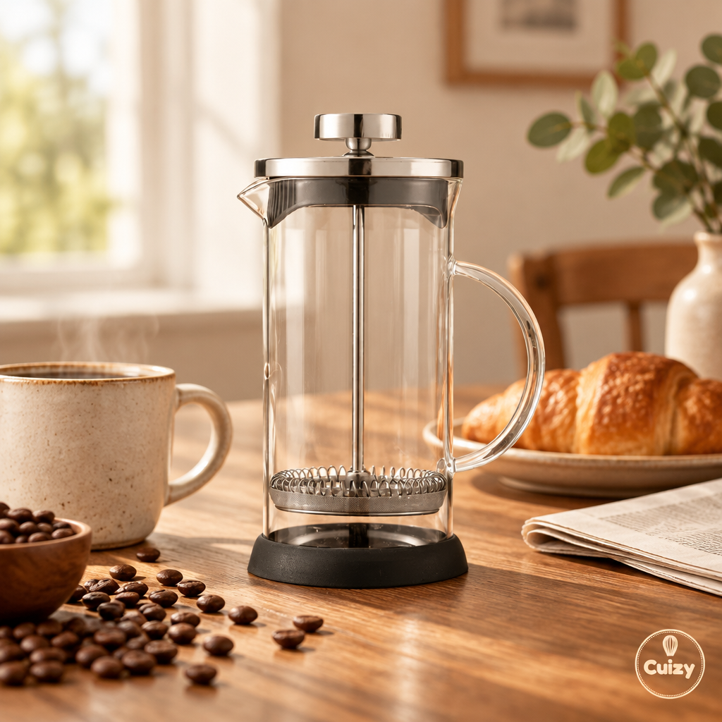 Cafetière à piston sur une table de petit-déjeuner avec mug et grains de café