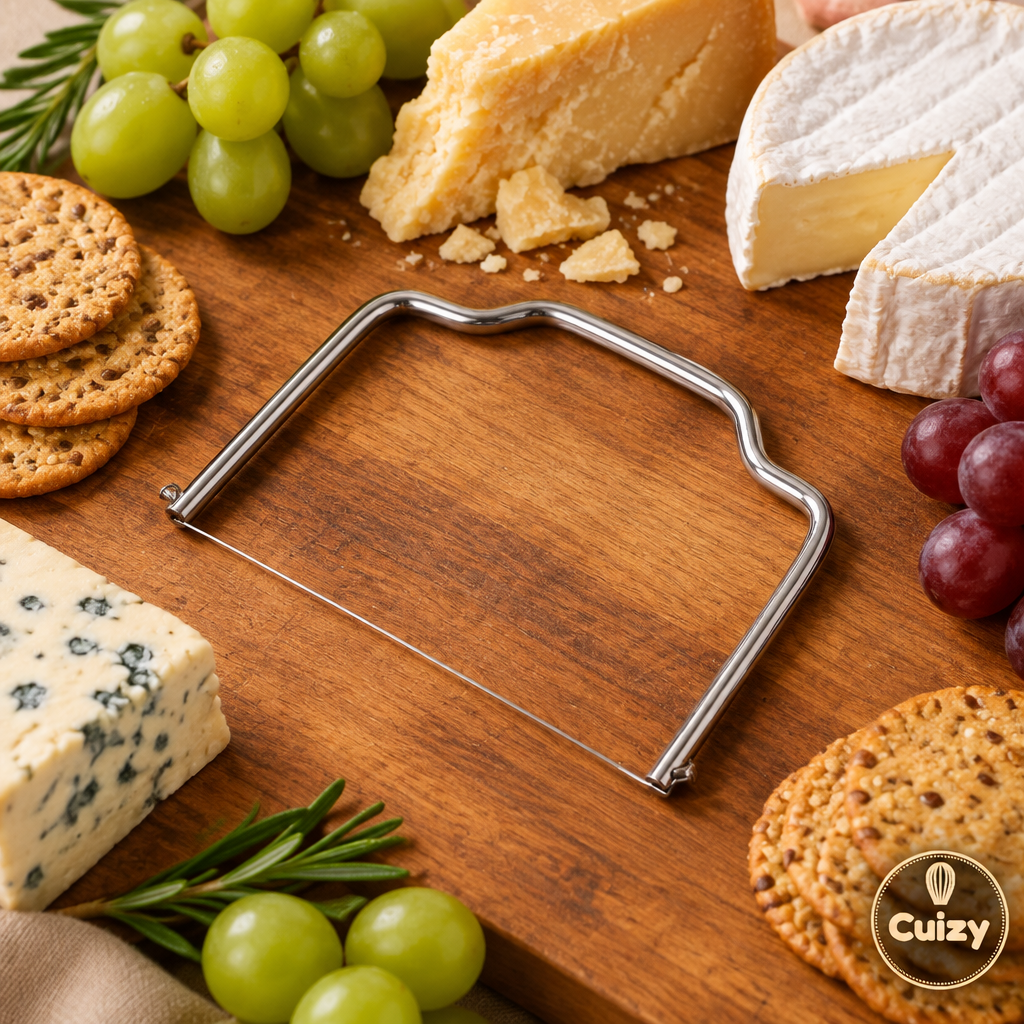 Coupe-fromage à fil sur un plateau de fromages avec raisins et crackers