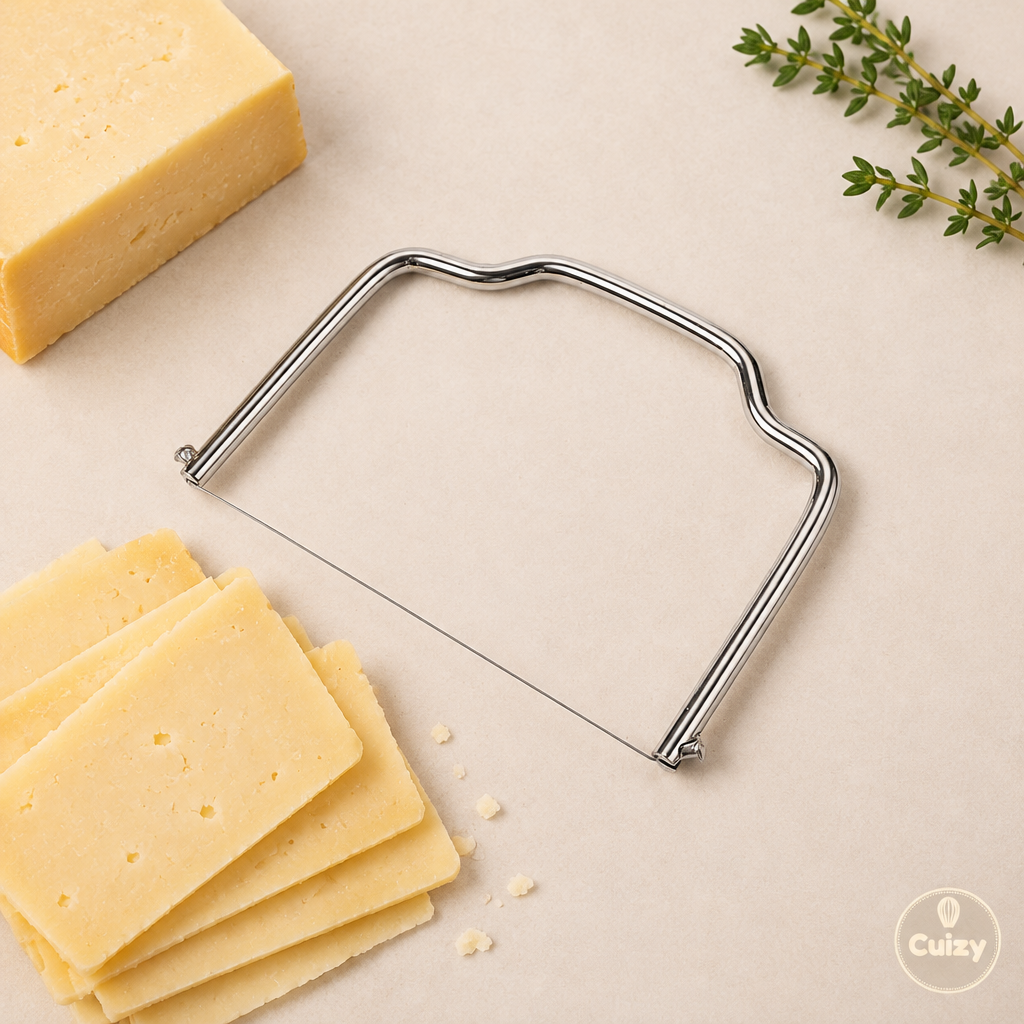 Vue du dessus du coupe-fromage à fil avec fromage tranché