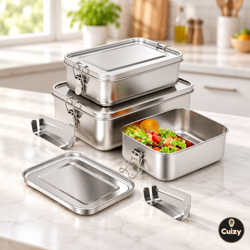 Boîte repas inox à fermoirs Cuizy Tiffin sur plan de travail