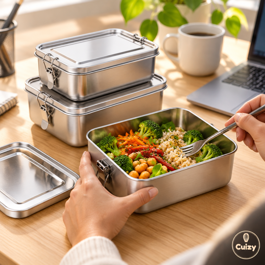 Boîte repas inox ouverte avec riz et légumes sur un bureau