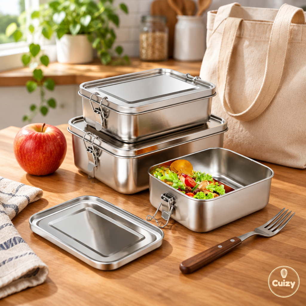 Boîte repas inox avec sac, fourchette et pomme