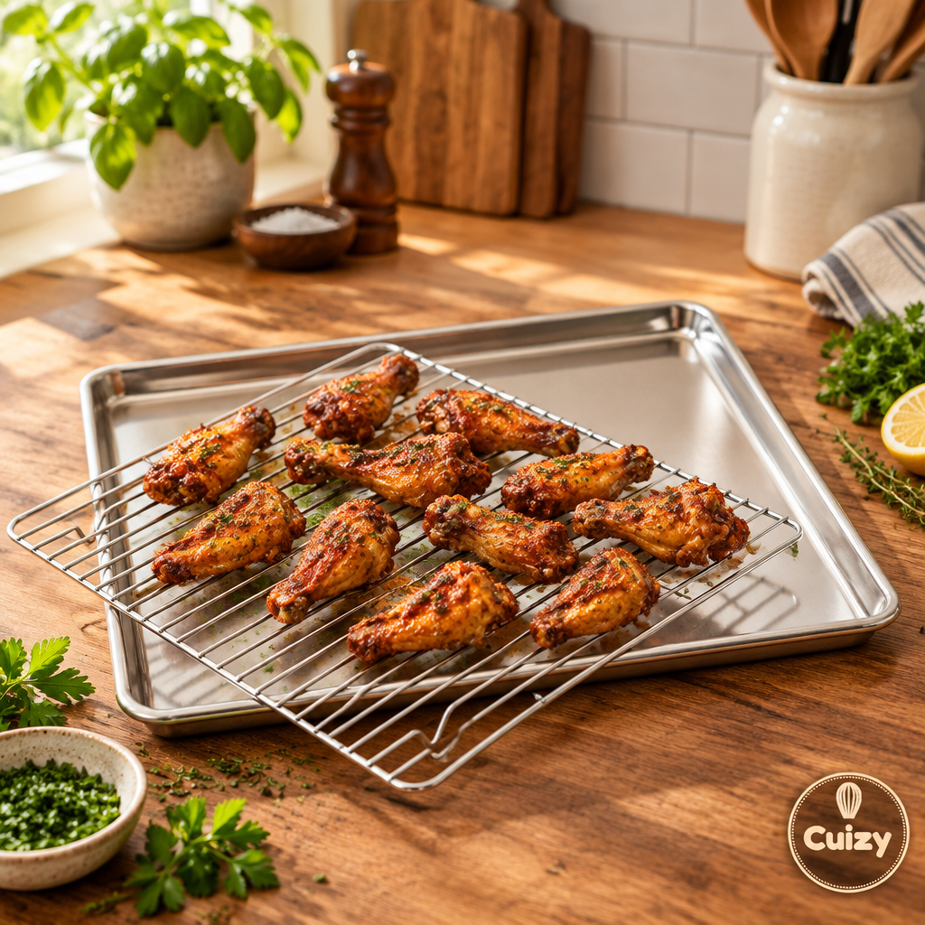 Plaque de cuisson avec ailes de poulet croustillantes et herbes fraîches