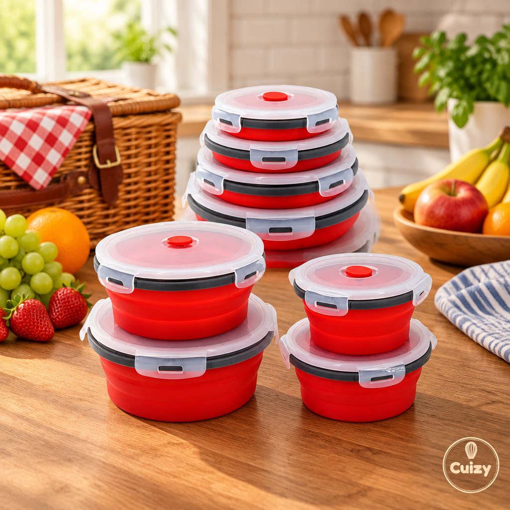 Boîte pliable en silicone près d'un panier de pique-nique et de fruits