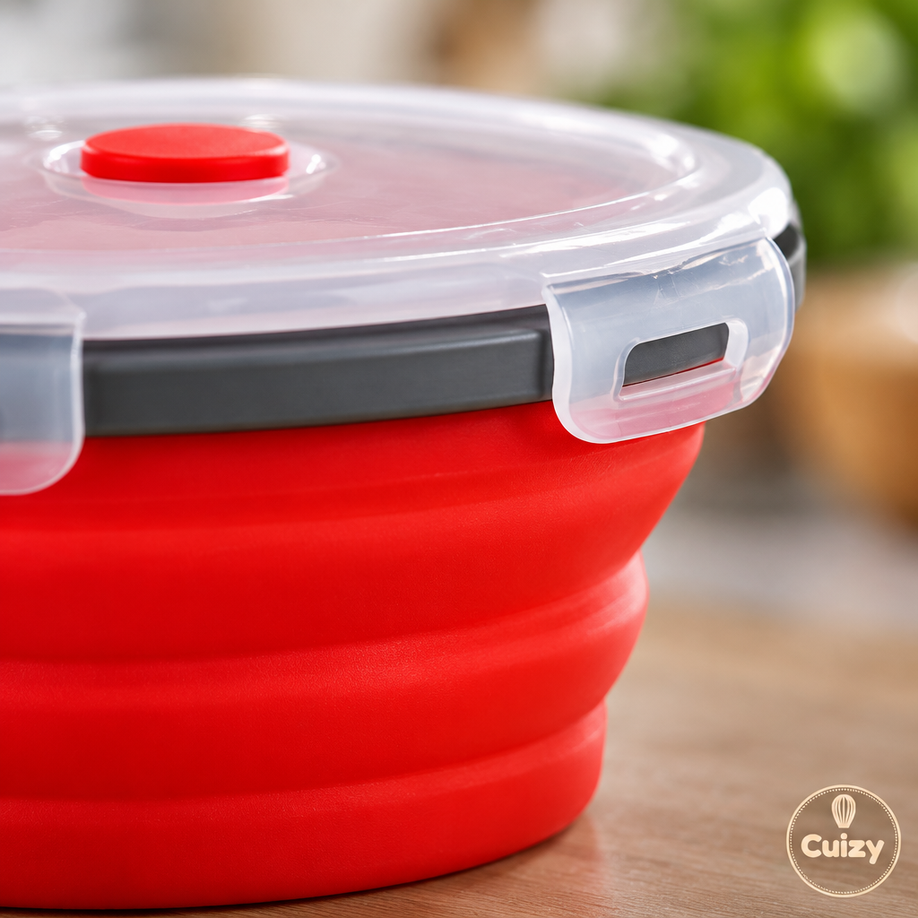 Gros plan sur les parois en accordéon de la boîte en silicone