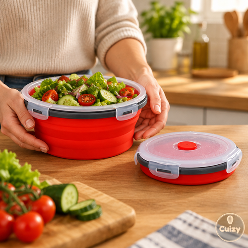 Boîte pliable ouverte avec une salade à côté d'une boîte repliée