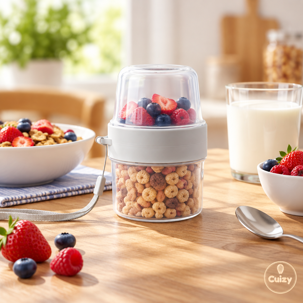 Pot double compartiment sur une table de petit-déjeuner avec fruits rouges