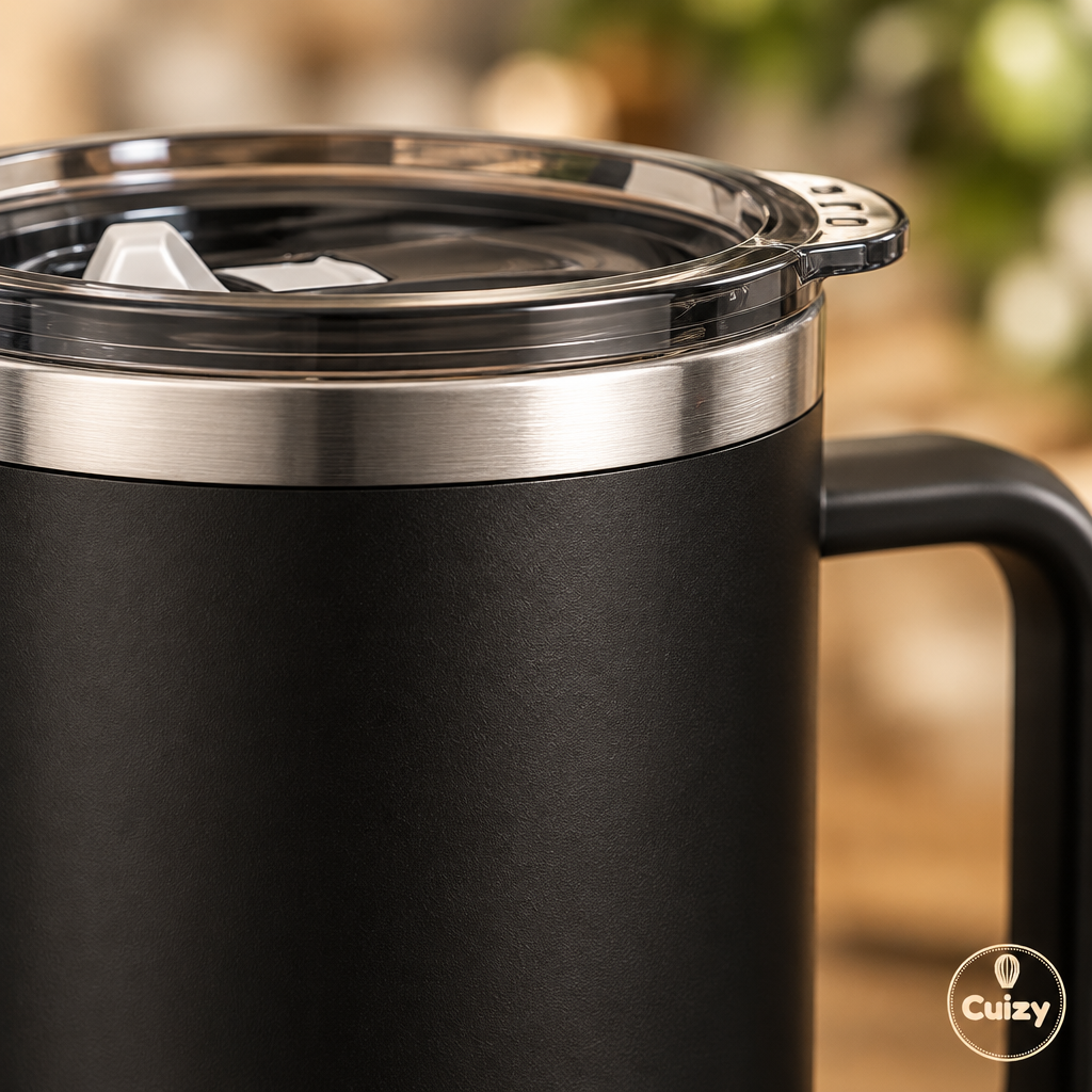 Gros plan sur le couvercle et la finition inox brossé du mug
