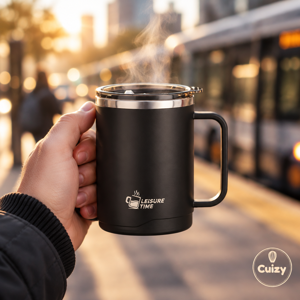 Mug isotherme tenu en main avec de la vapeur lors d'un trajet du matin