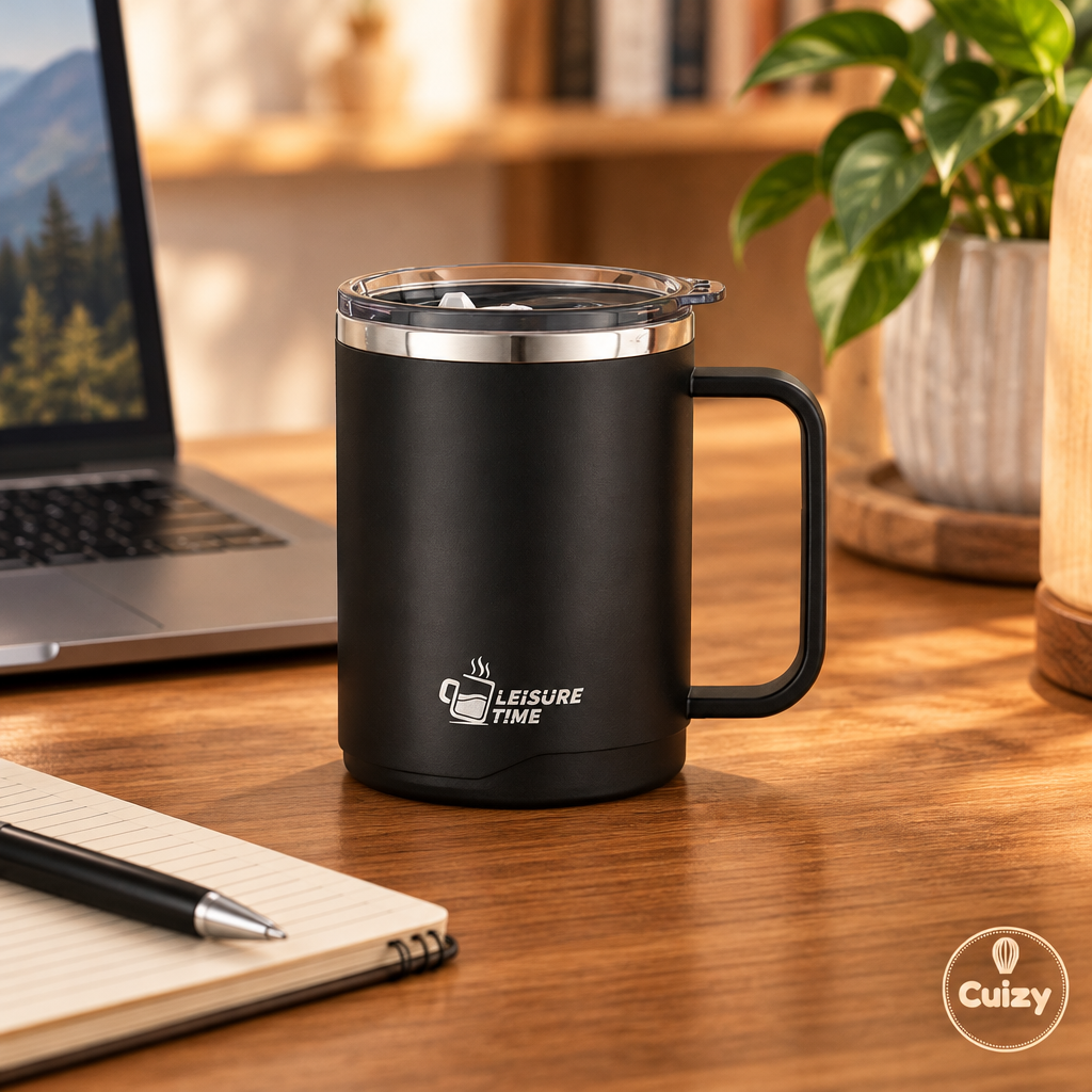 Mug isotherme sur un bureau avec ordinateur portable et carnet