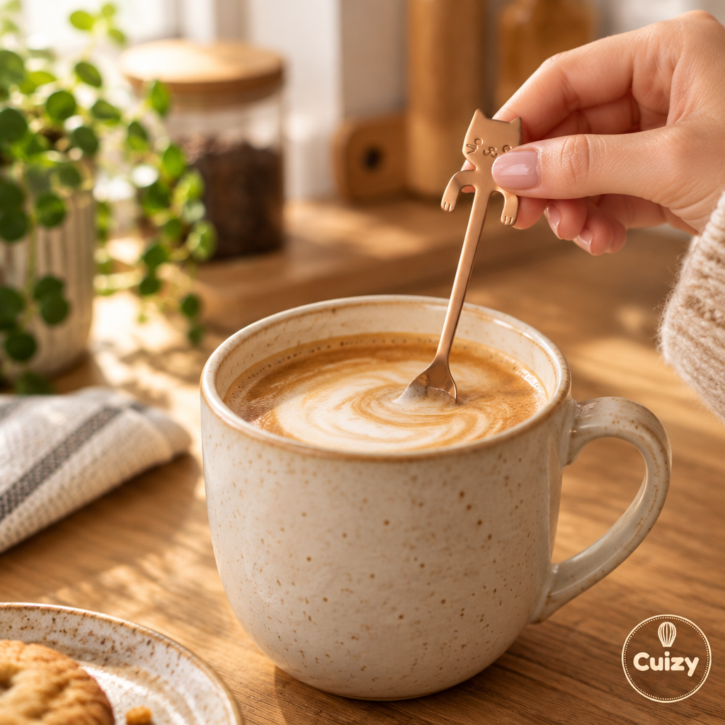 Cuillère chaton posée sur une tasse de café au lait