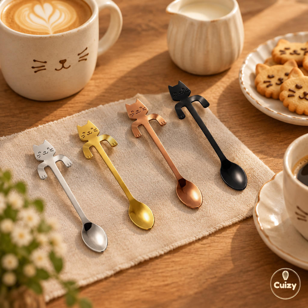 Cuillères chaton avec tasses et biscuits sur une table