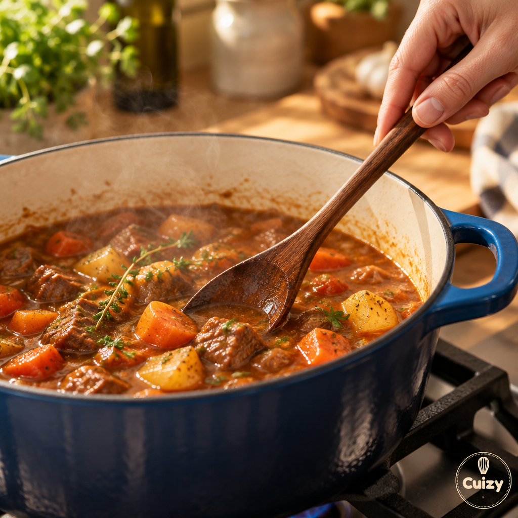 Cuillère en bois remuant un ragoût dans une casserole