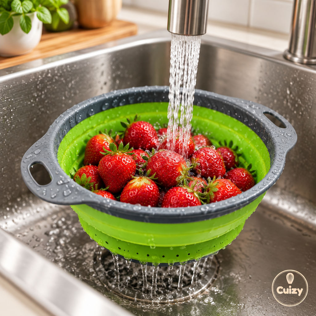 Passoire pliable remplie de fraises dans l'évier