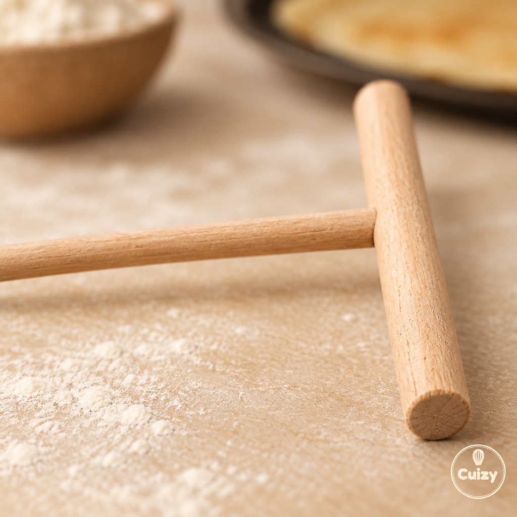 Gros plan sur le bois lisse de l'étaleur à crêpes