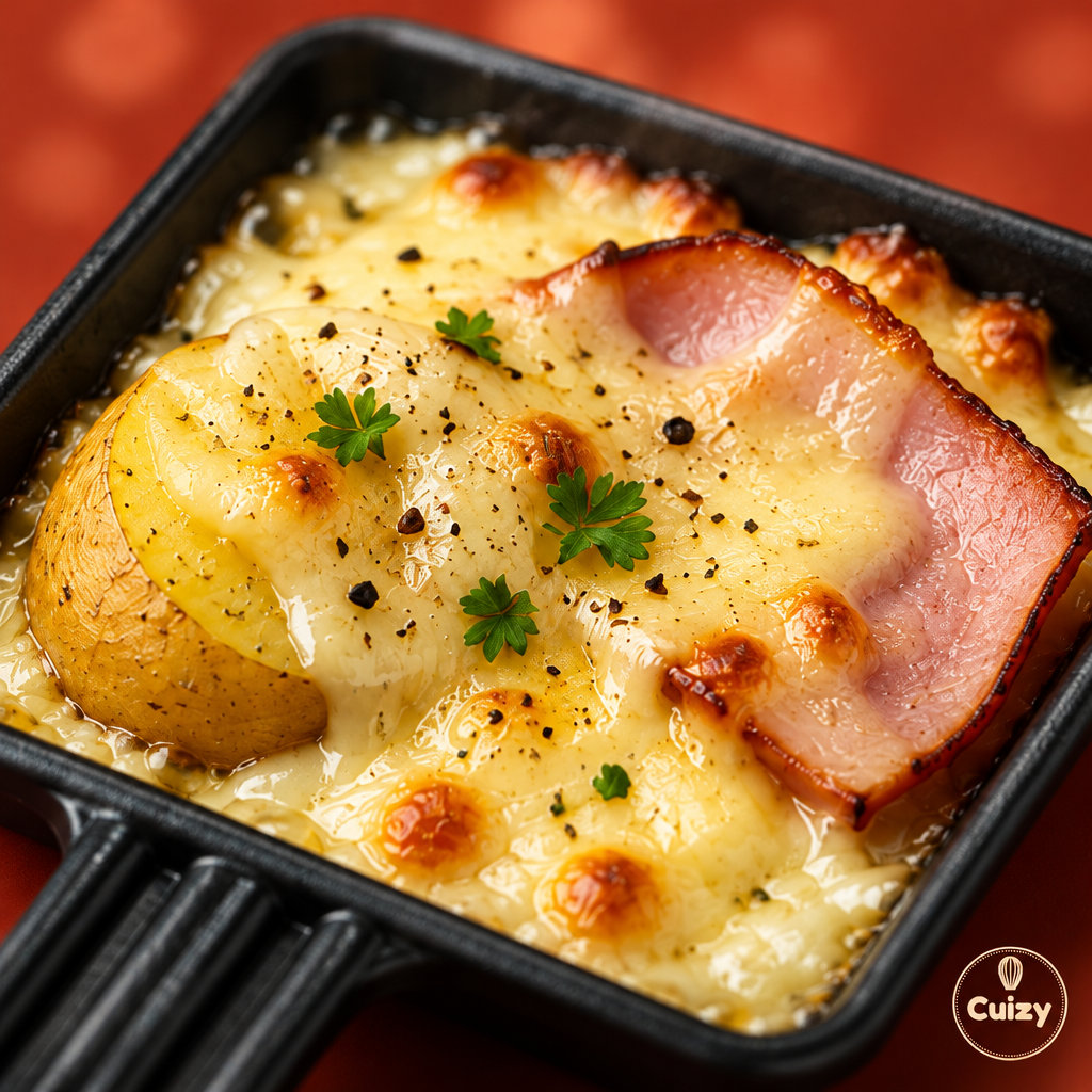 Gros plan sur un poêlon à raclette et le fromage qui bulle