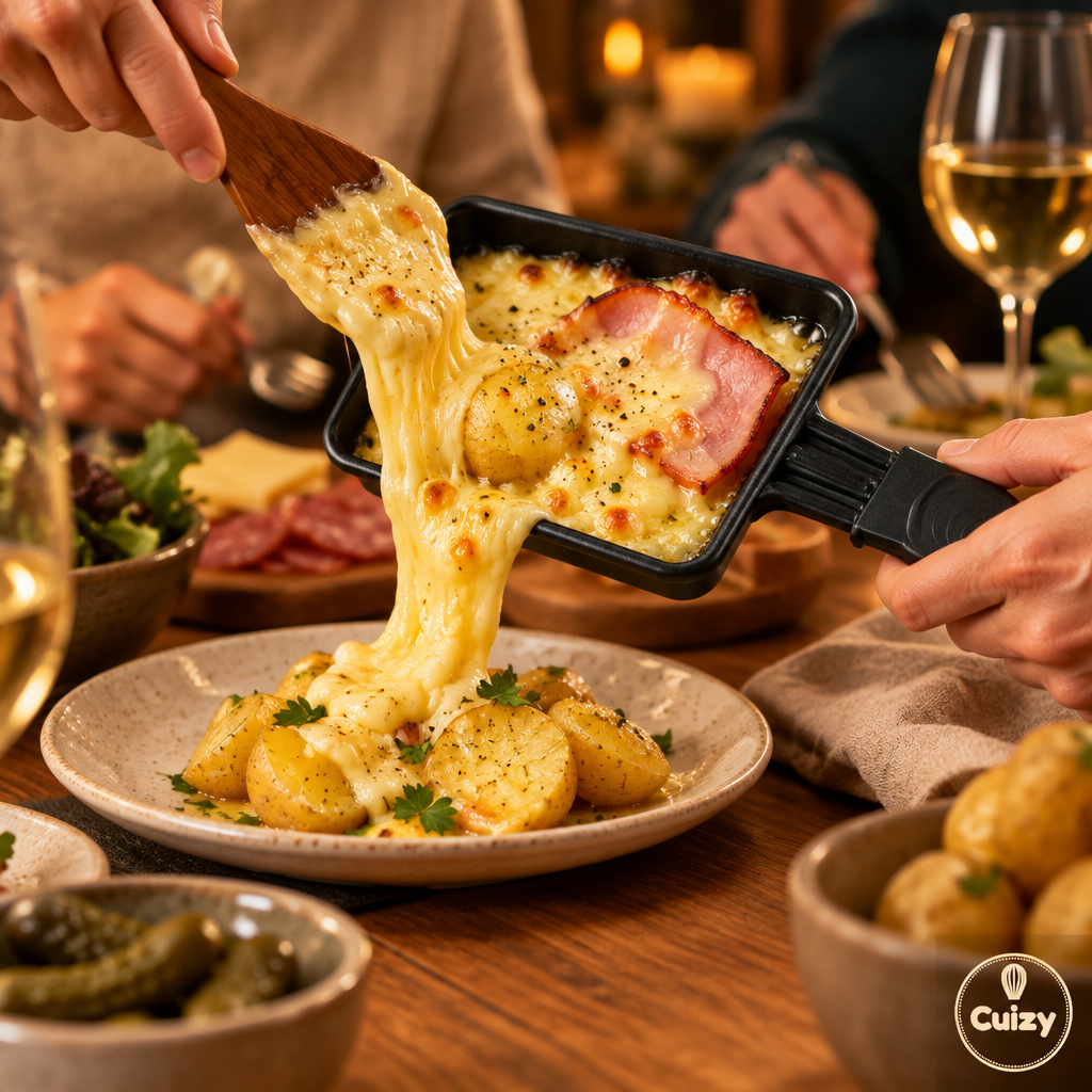 Fromage à raclette fondu versé sur des pommes de terre