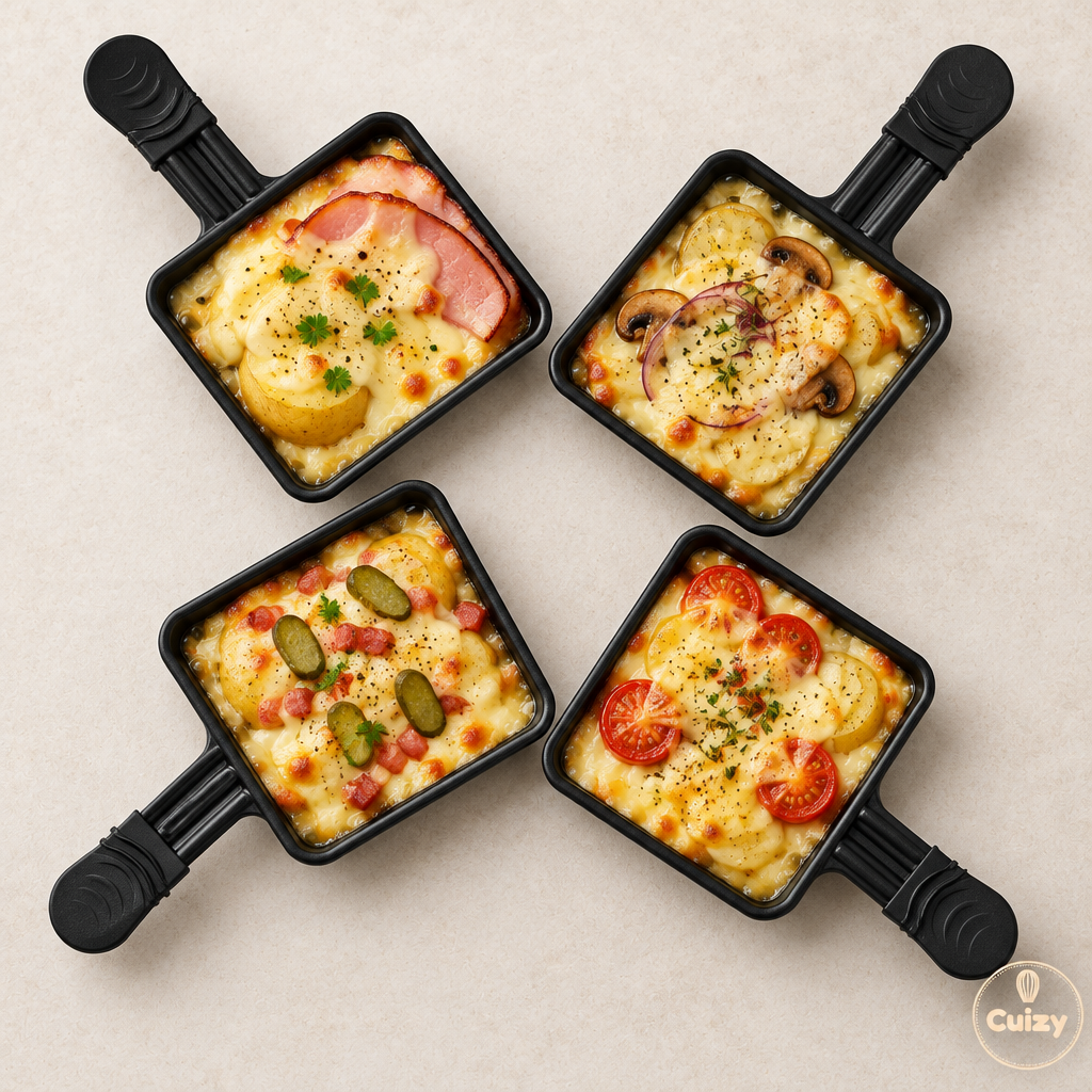 Vue du dessus des quatre poêlons à raclette