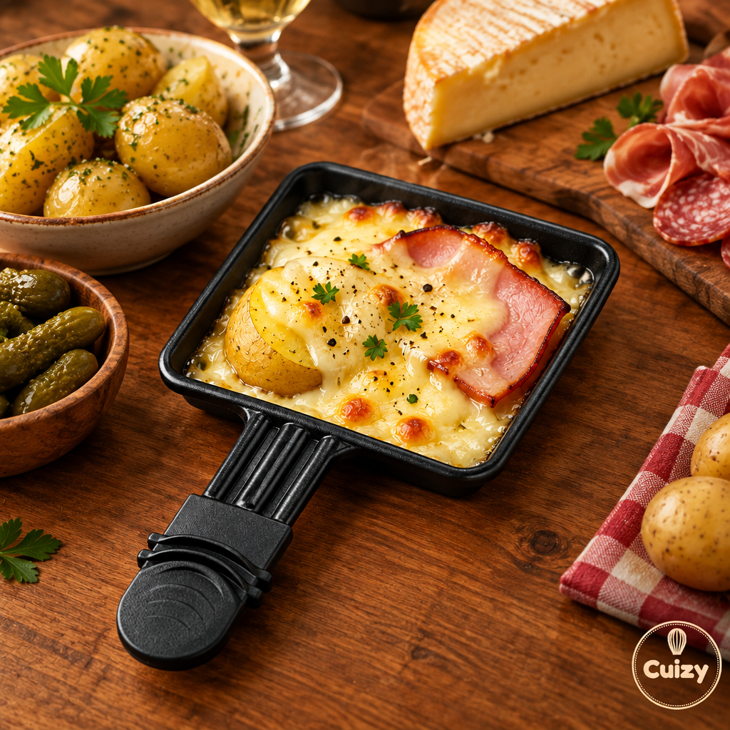 Poêlons à raclette sur une table avec pommes de terre et charcuterie