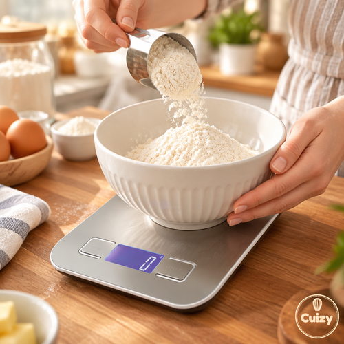 Pesée de farine dans un saladier sur la balance de cuisine