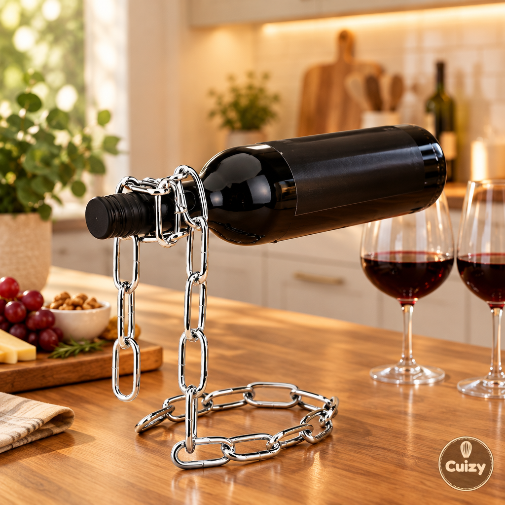 Porte-bouteille suspendu avec bouteille de vin et verres
