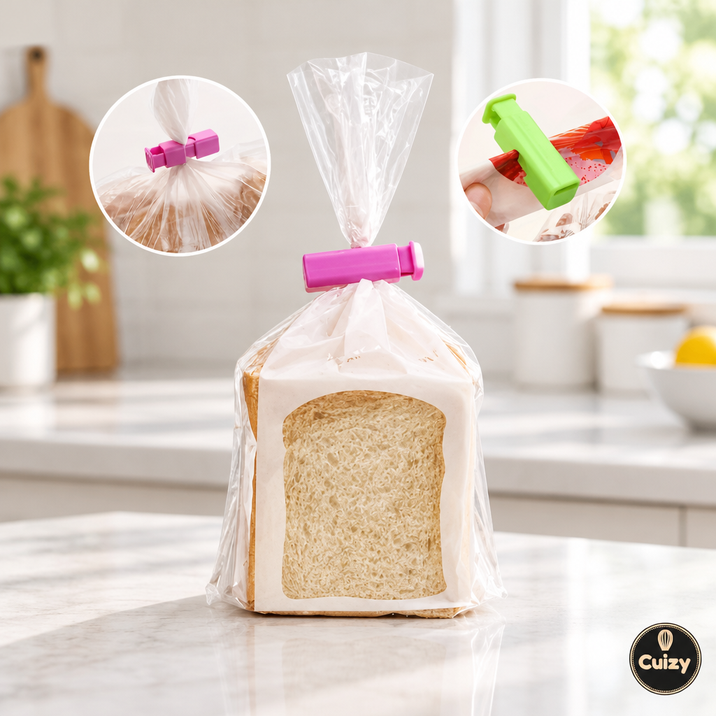 Pinces de fermeture pour sachets Cuizy Snap sur plan de travail