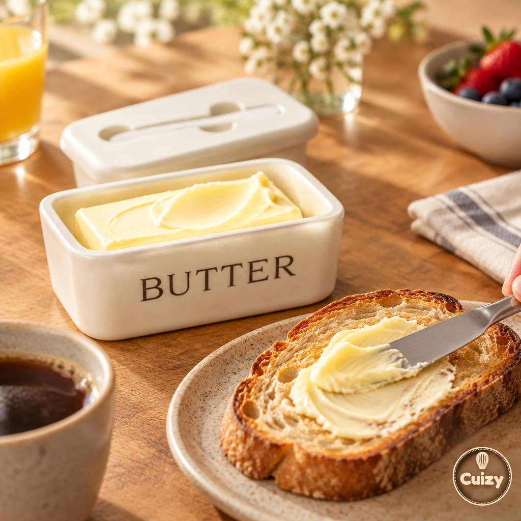 Beurre étalé sur une tartine avec le couteau de la boîte