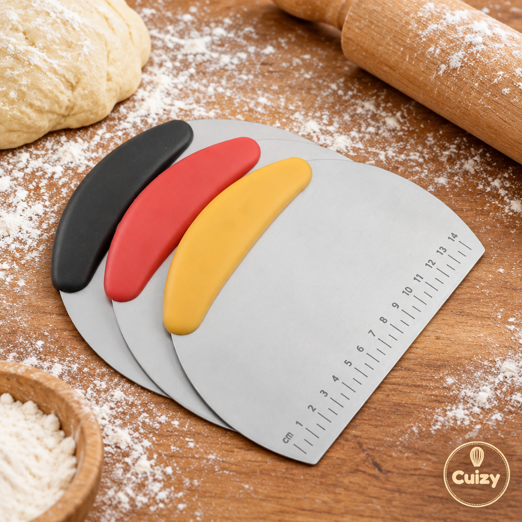 Coupe-pâte avec rouleau, farine et pâte sur table de pâtissier