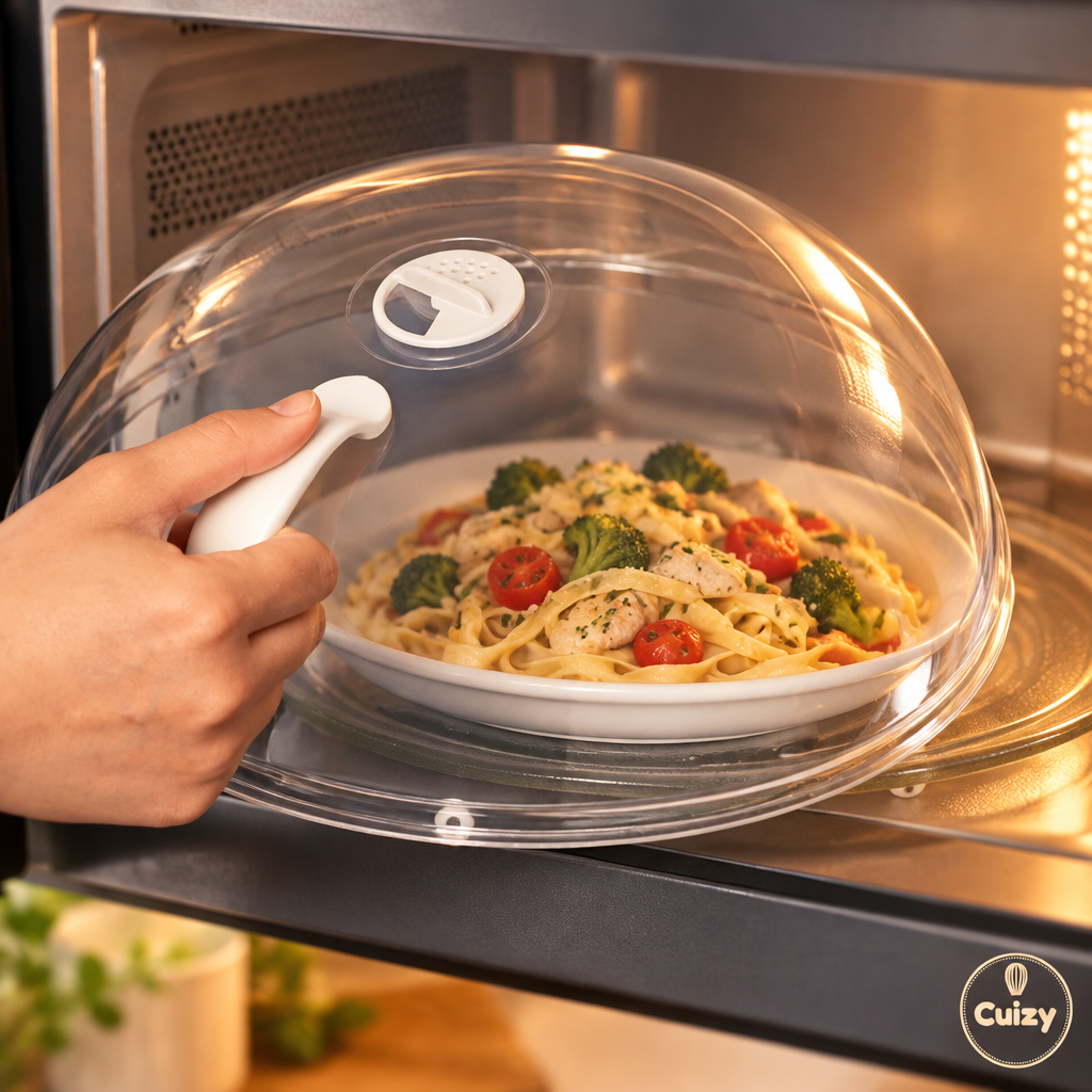 Cloche posée sur une assiette de pâtes dans un micro-ondes