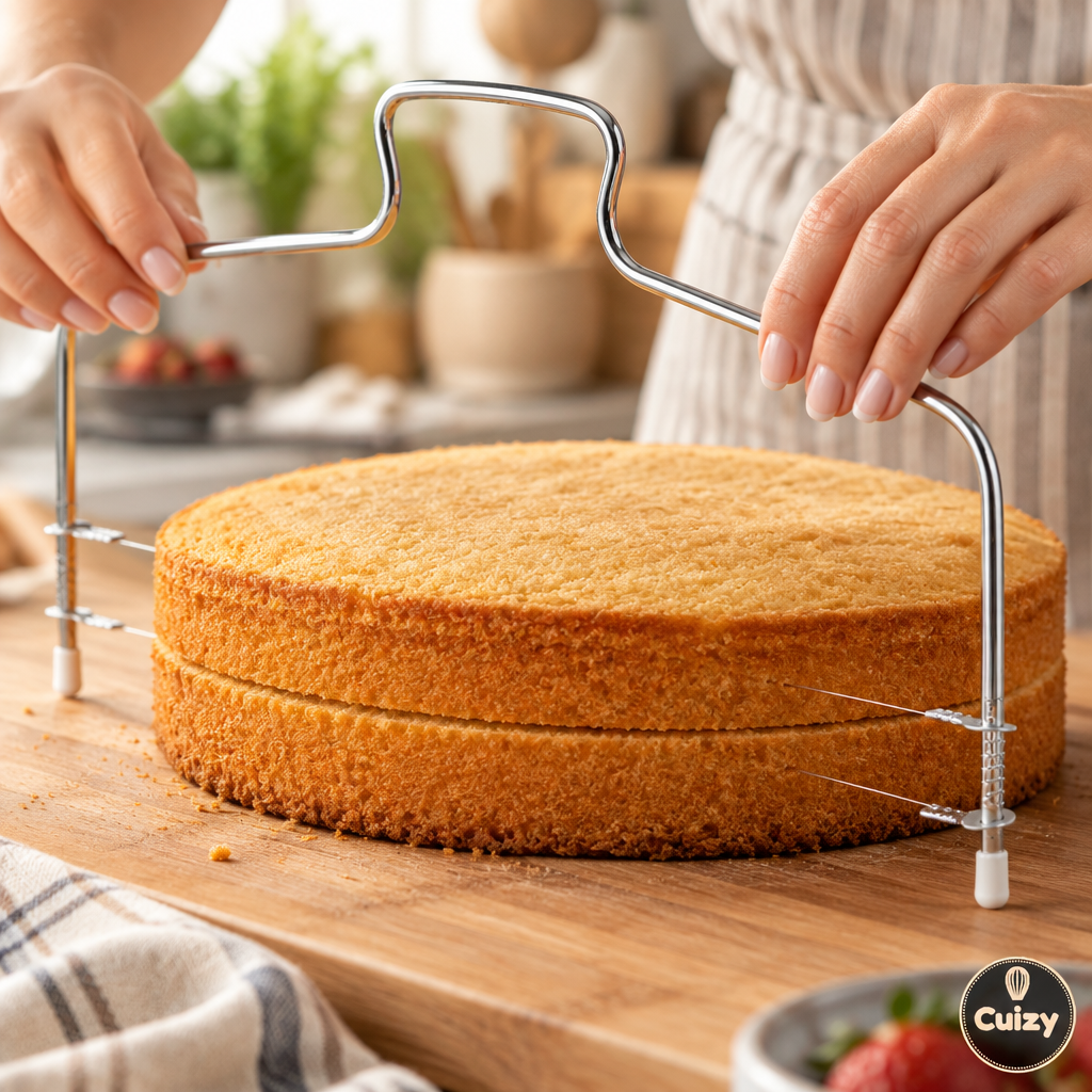 Découpe d'un gâteau en couches égales avec le fil réglable