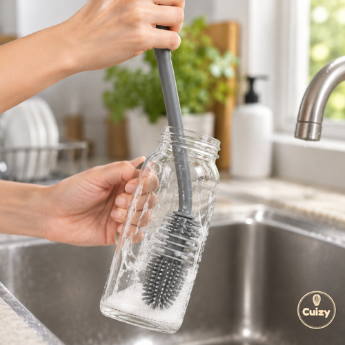 Brosse nettoyant l'intérieur d'une bouteille en verre