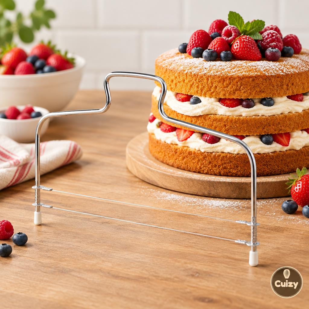 Trancheuse à côté d'un gâteau à la crème et aux fruits rouges