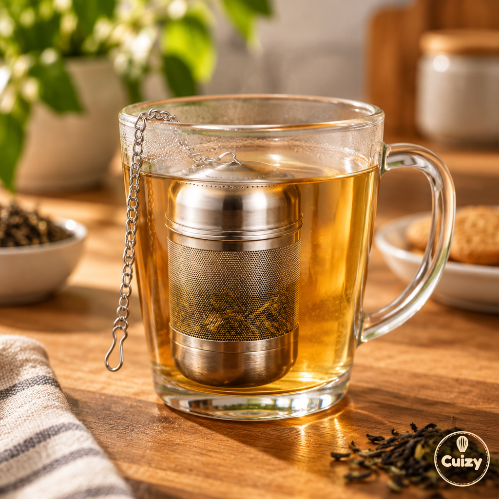 Infusion de thé en feuilles dans un mug en verre