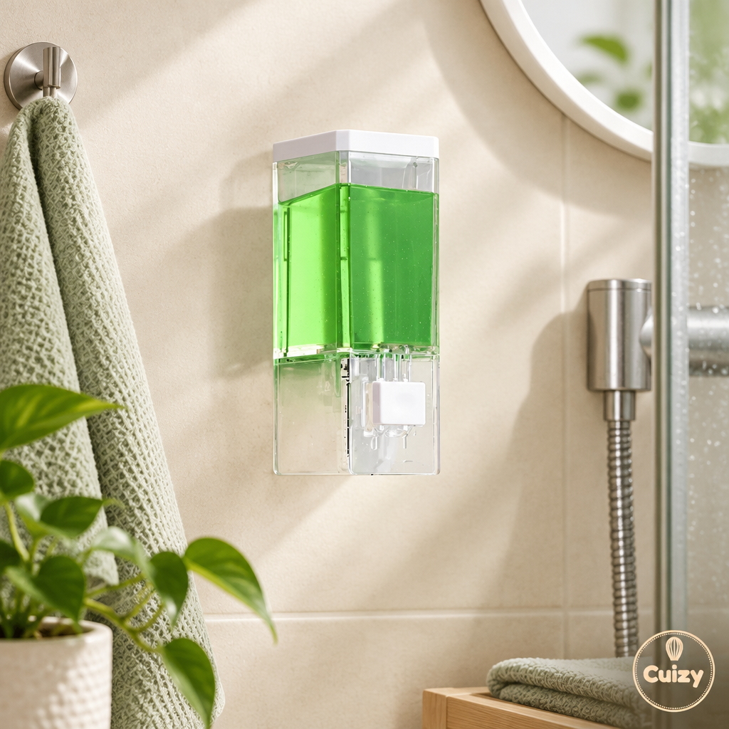 Distributeur de savon fixé au mur d'une salle de bain