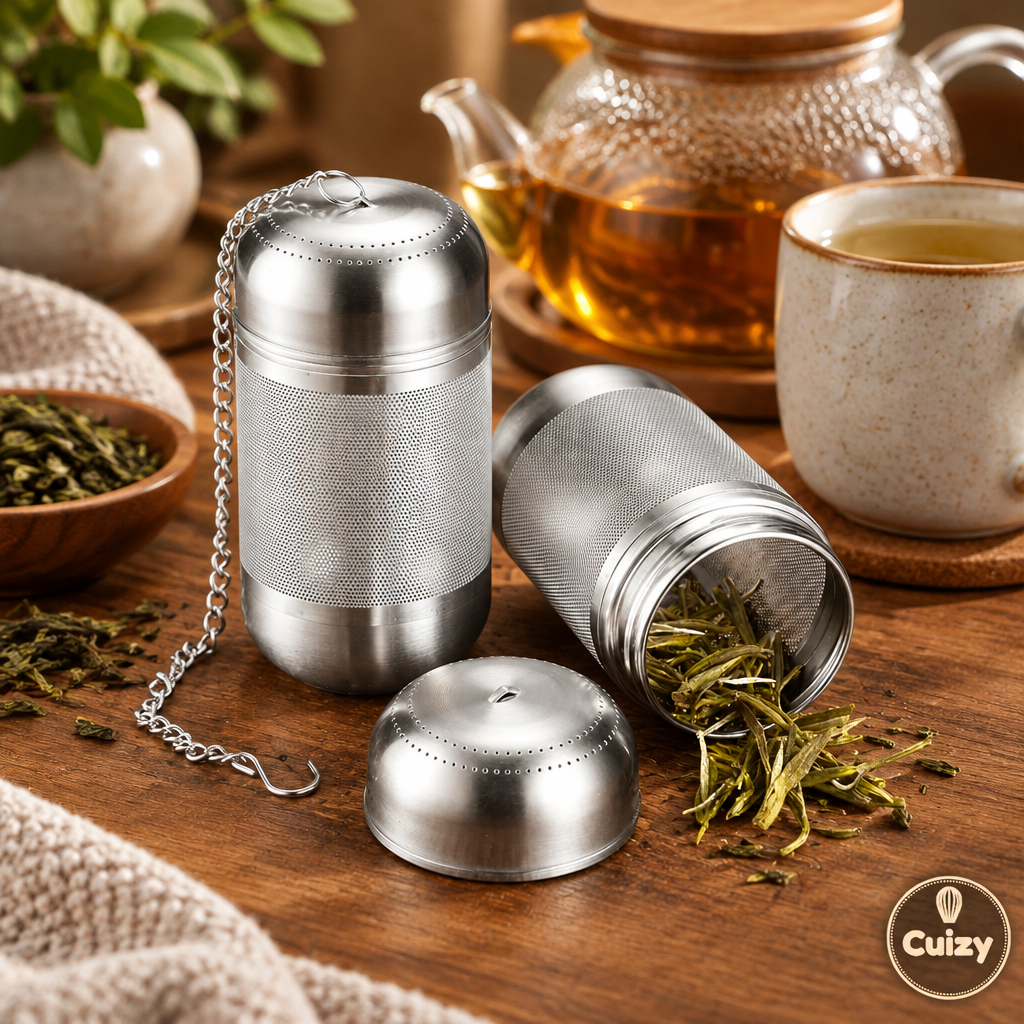 Infuseur à thé près d'une théière et d'un mug
