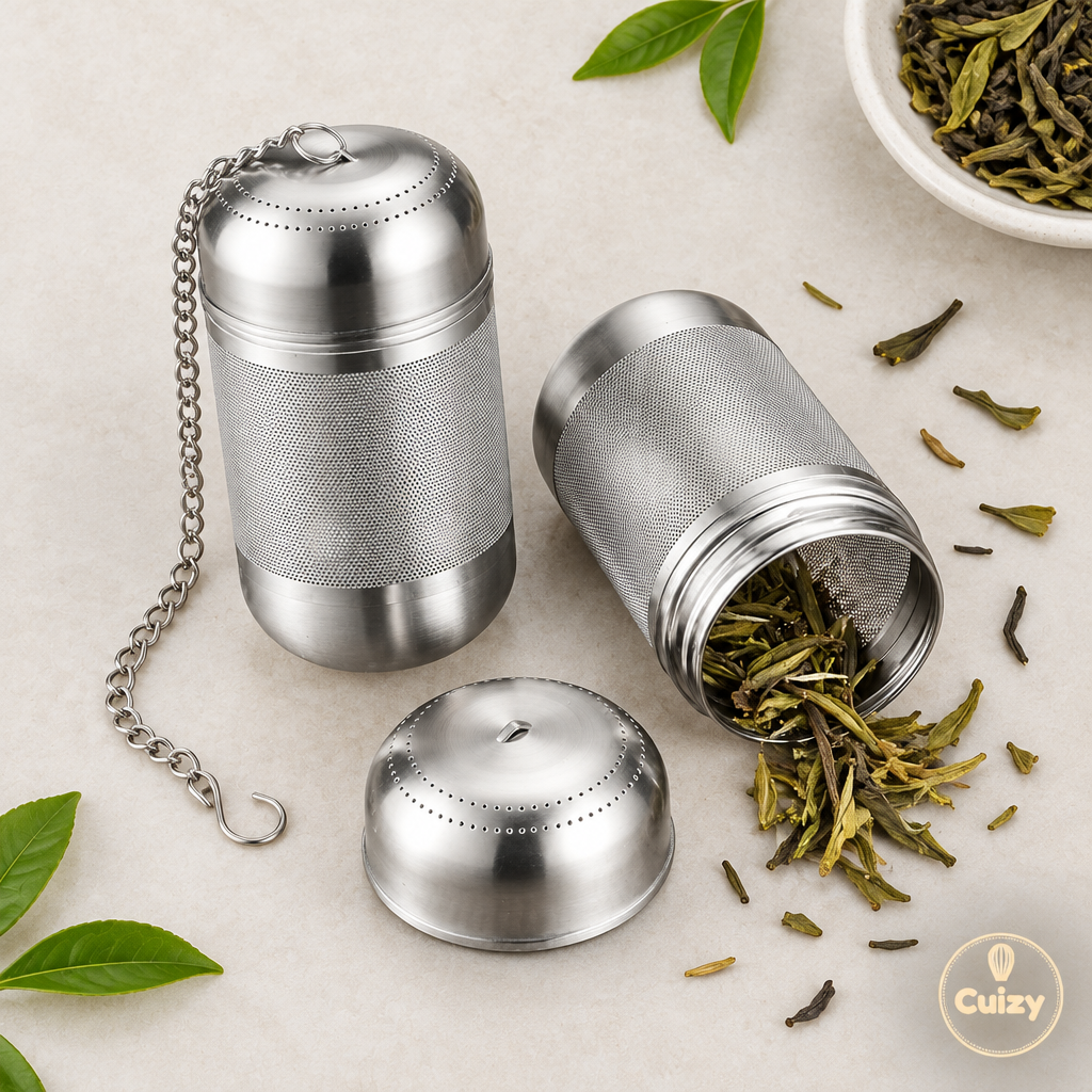 Vue du dessus de l'infuseur à thé avec feuilles de thé