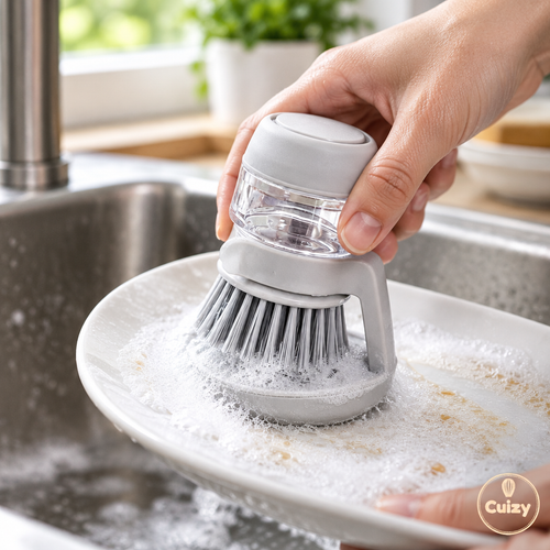 Brosse récurant une assiette dans l'évier avec de la mousse