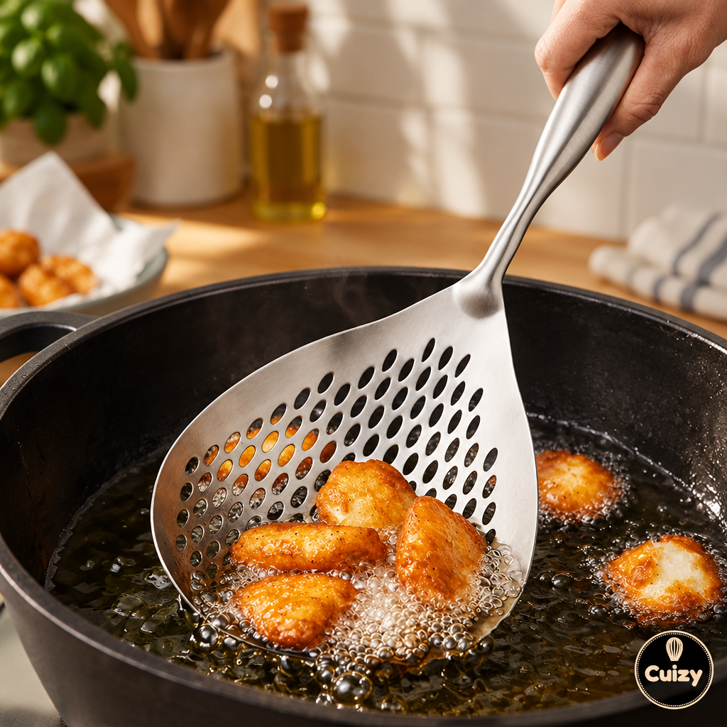 Écumoire sortant des aliments frits d'une casserole d'huile