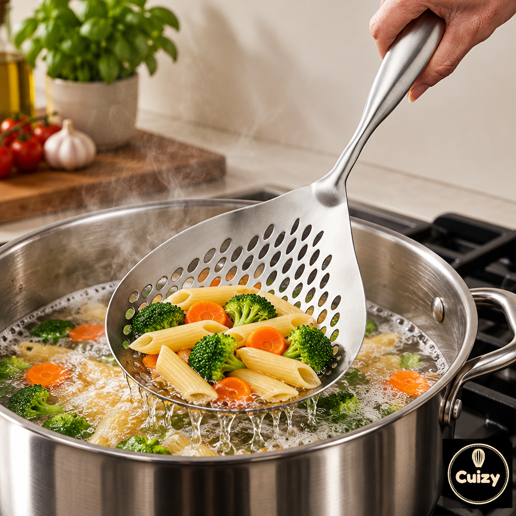 Écumoire à côté d'une casserole de pâtes et de légumes