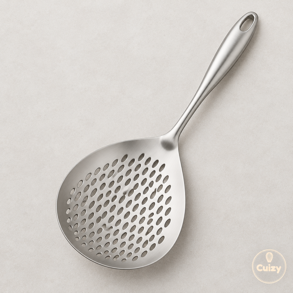 Vue du dessus de l'écumoire en inox
