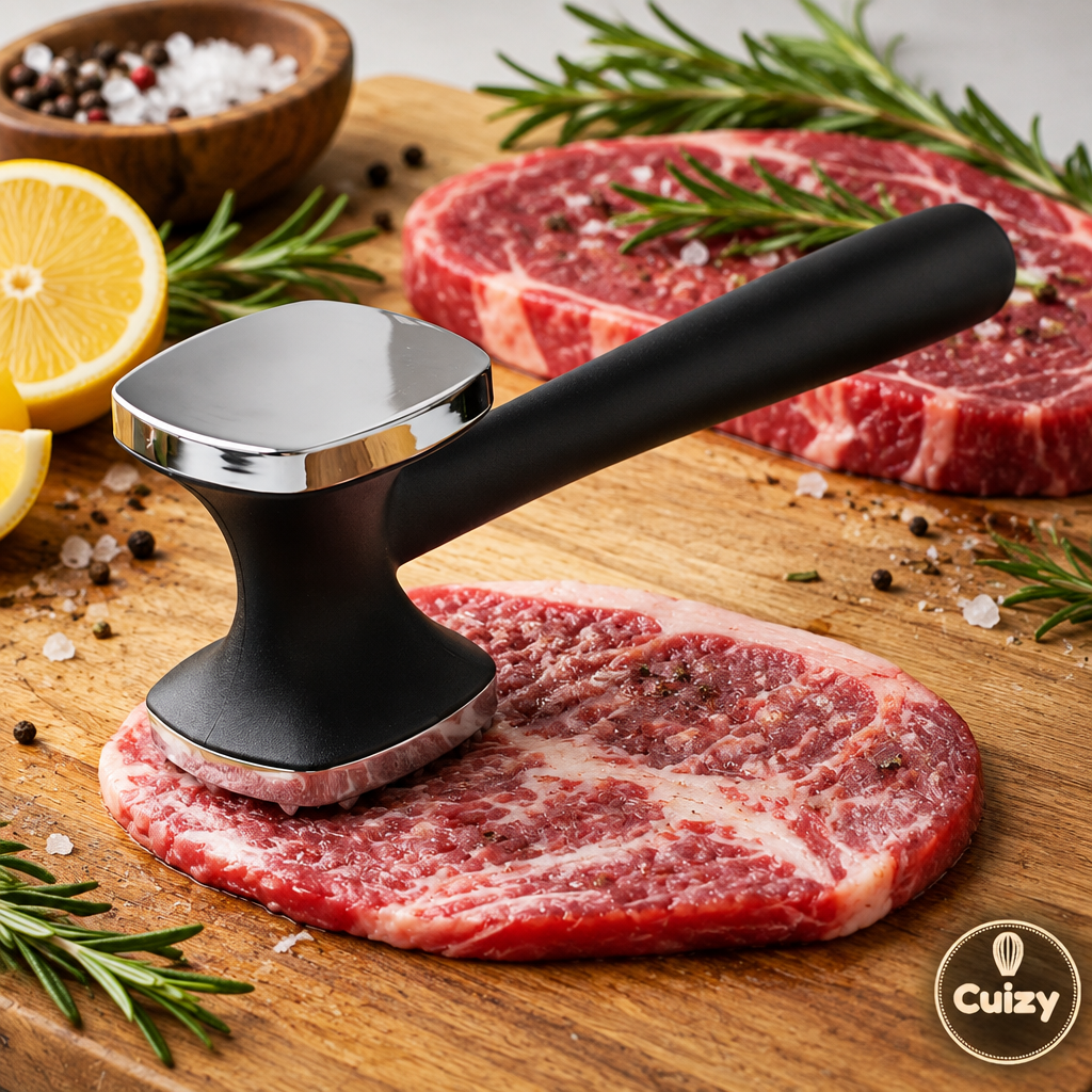 Marteau avec steaks crus, herbes et citron sur une planche