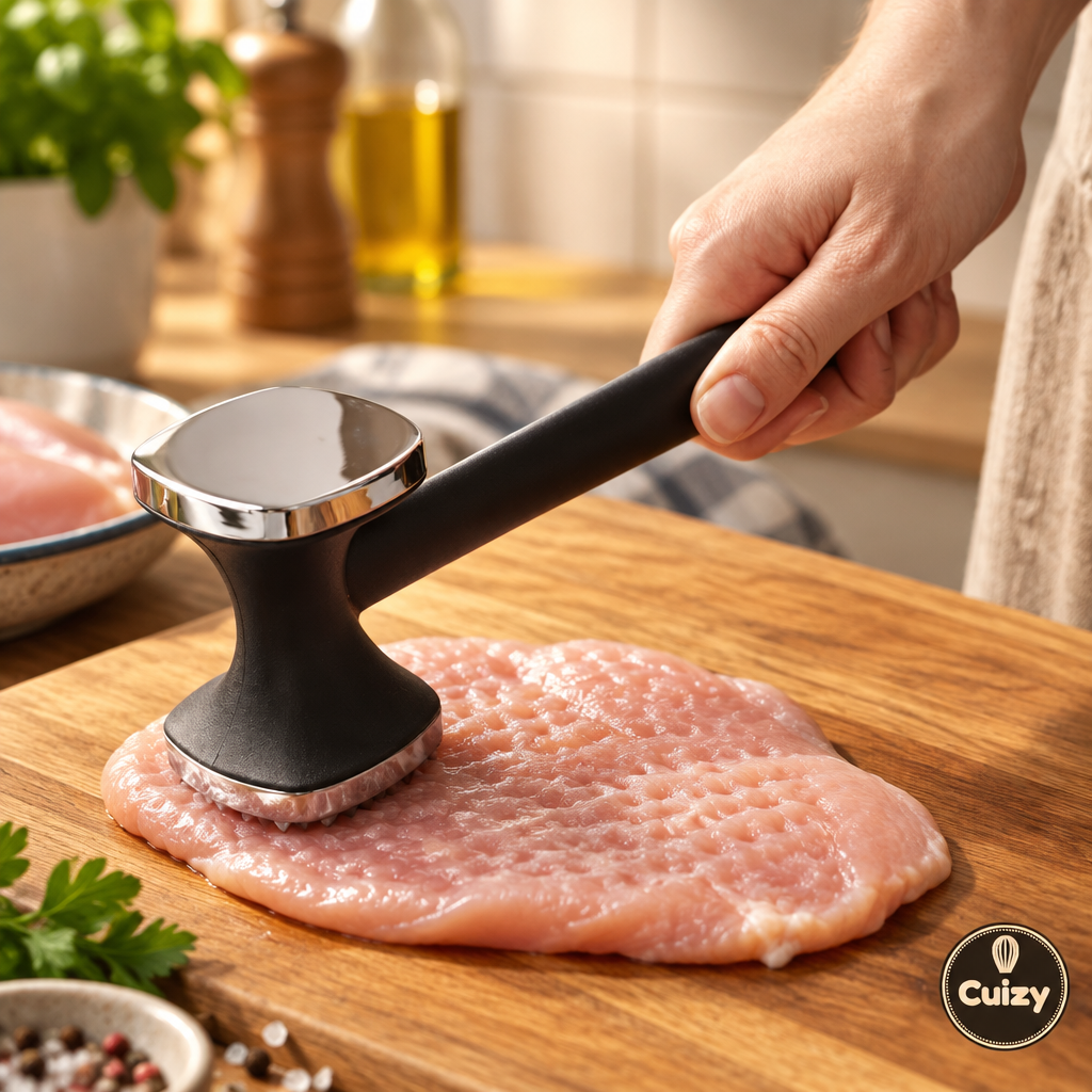 Attendrissage d'un blanc de poulet sur une planche
